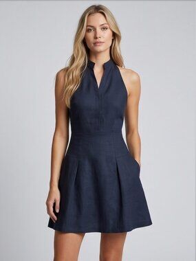 Notch-Neck Pleated Mini Dress in Midnight Navy